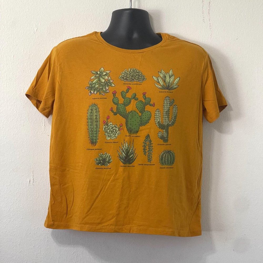 Cactus Botanical Crop Top Tee Shirt In Mustard Color